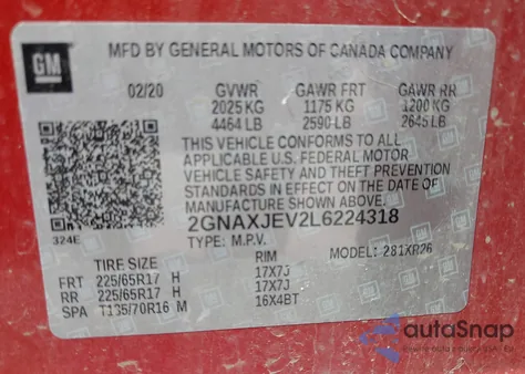 2020 Chevrolet Equinox Fwd 2Fl from USA, damaged, VIN 2GNAXJEV2L6224318